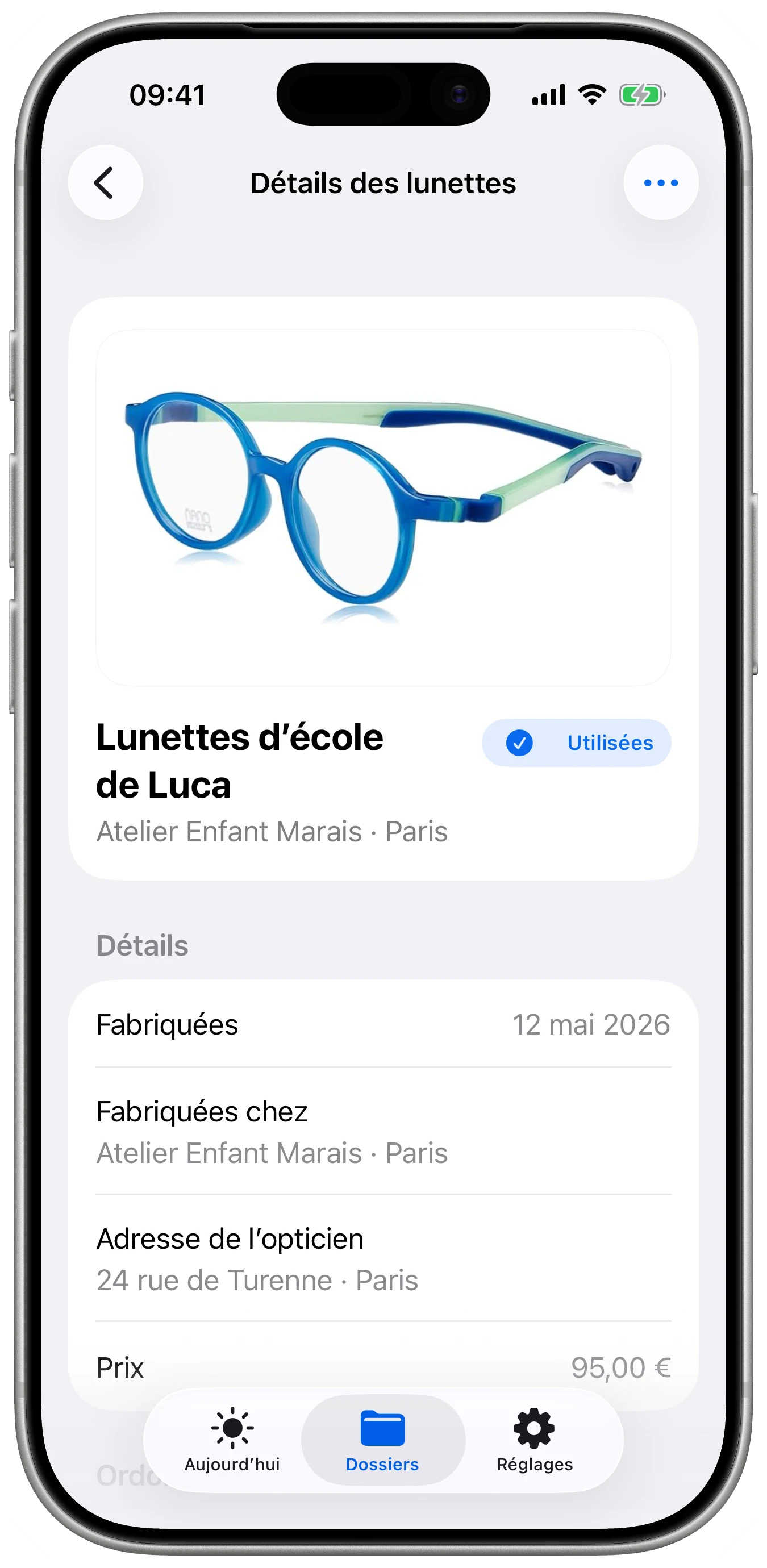 Lentes affichant les détails des lunettes, les informations d’achat et les reçus