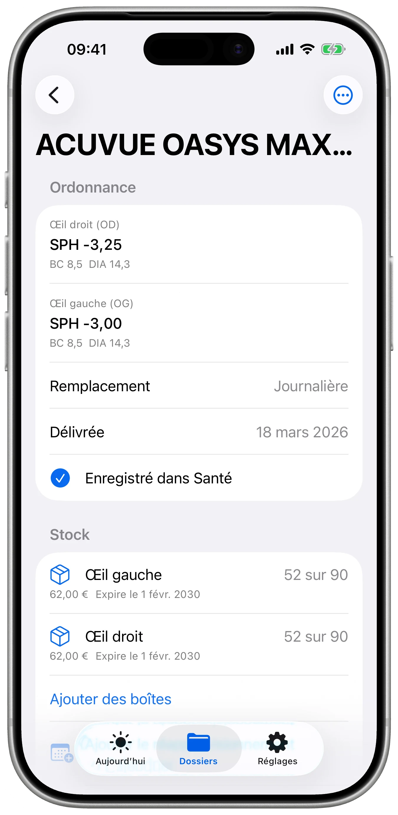 Lentes affichant une ordonnance compatible prête à enregistrer dans l’app Santé