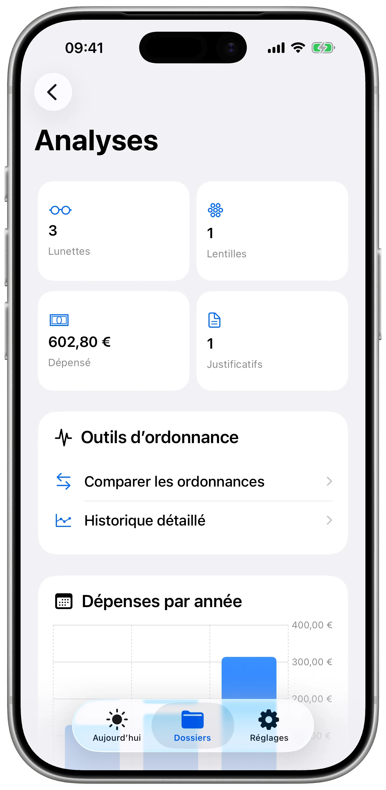 Lentes affichant les changements de correction et les dépenses de lunettes