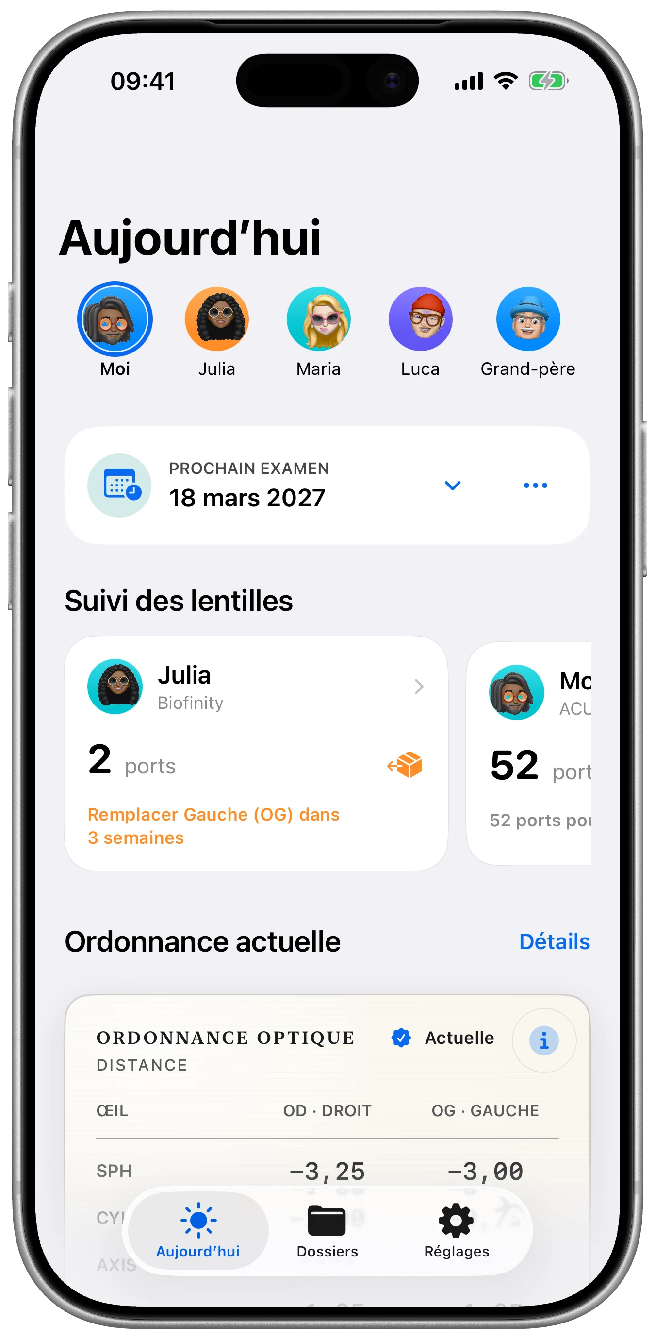 Lentes affichant un prochain rendez-vous, une carte et des rappels