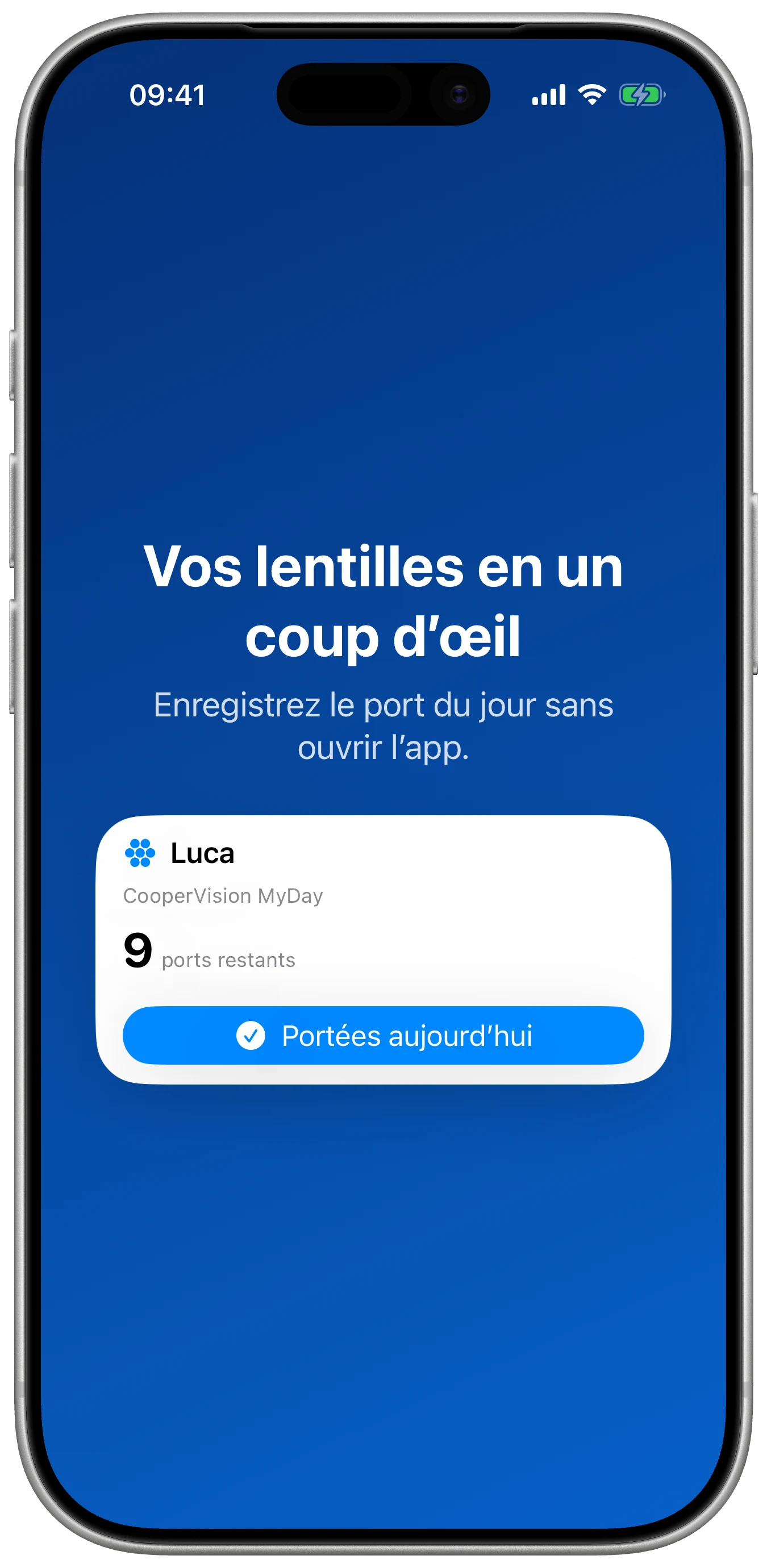Widget Lentes affichant le stock de Luca et une action pour noter le port du jour