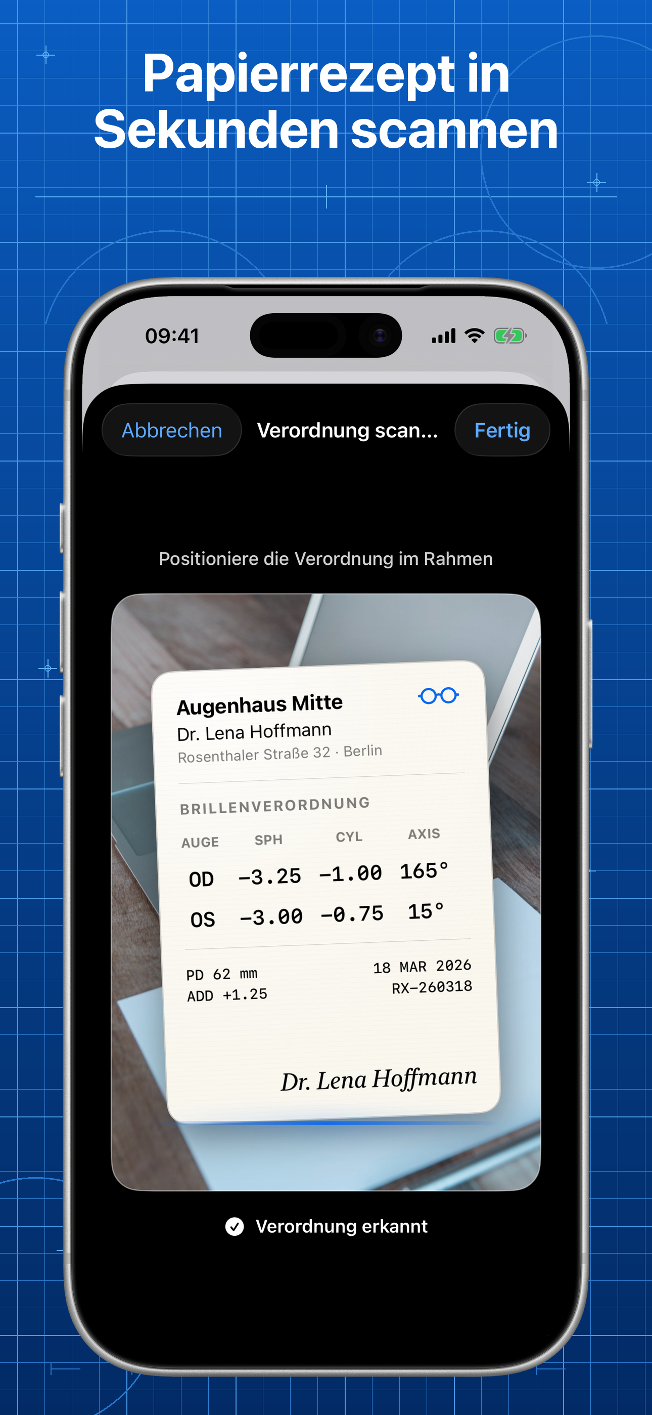 Lentes scannt eine Papierverordnung für eine Brille auf einem Tisch