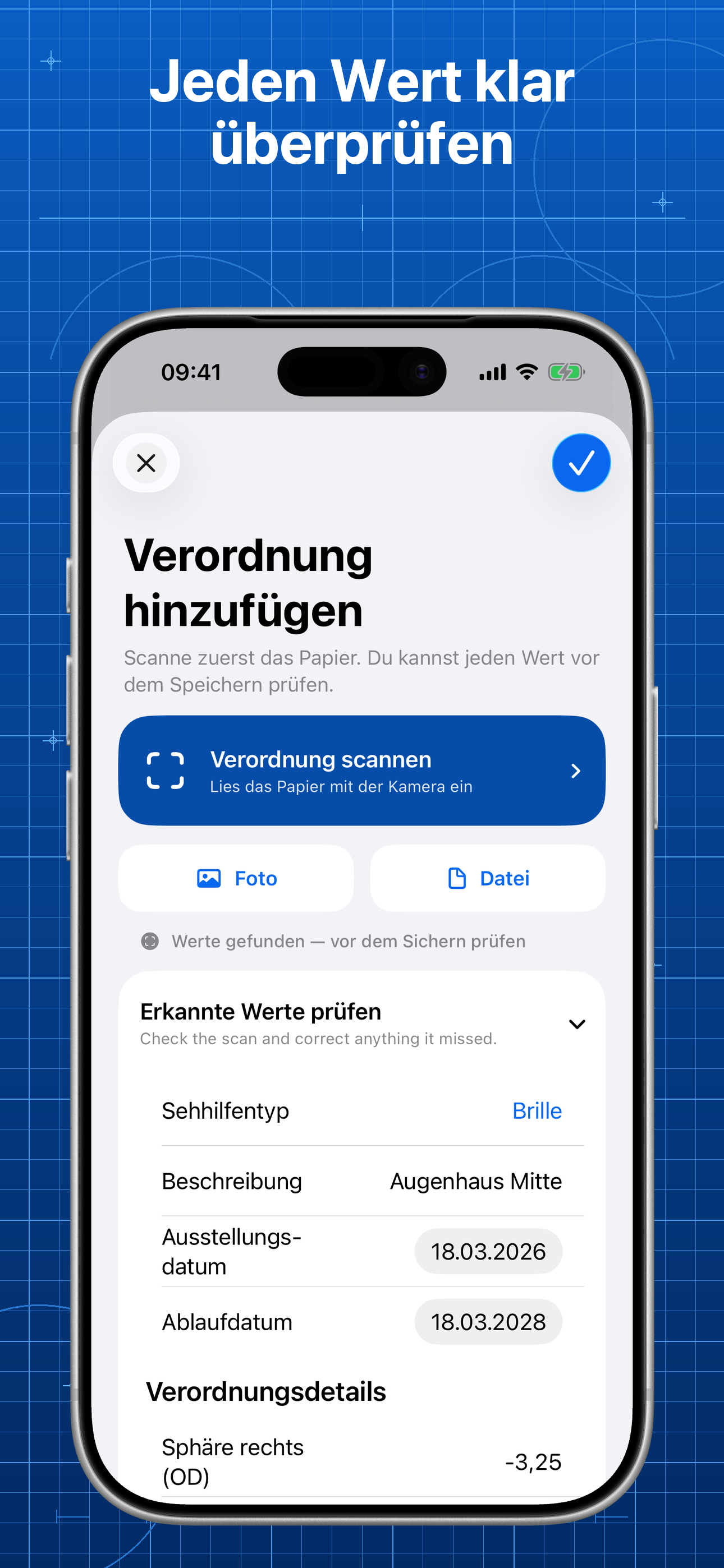Lentes zeigt erkannte Verordnungswerte zur Prüfung