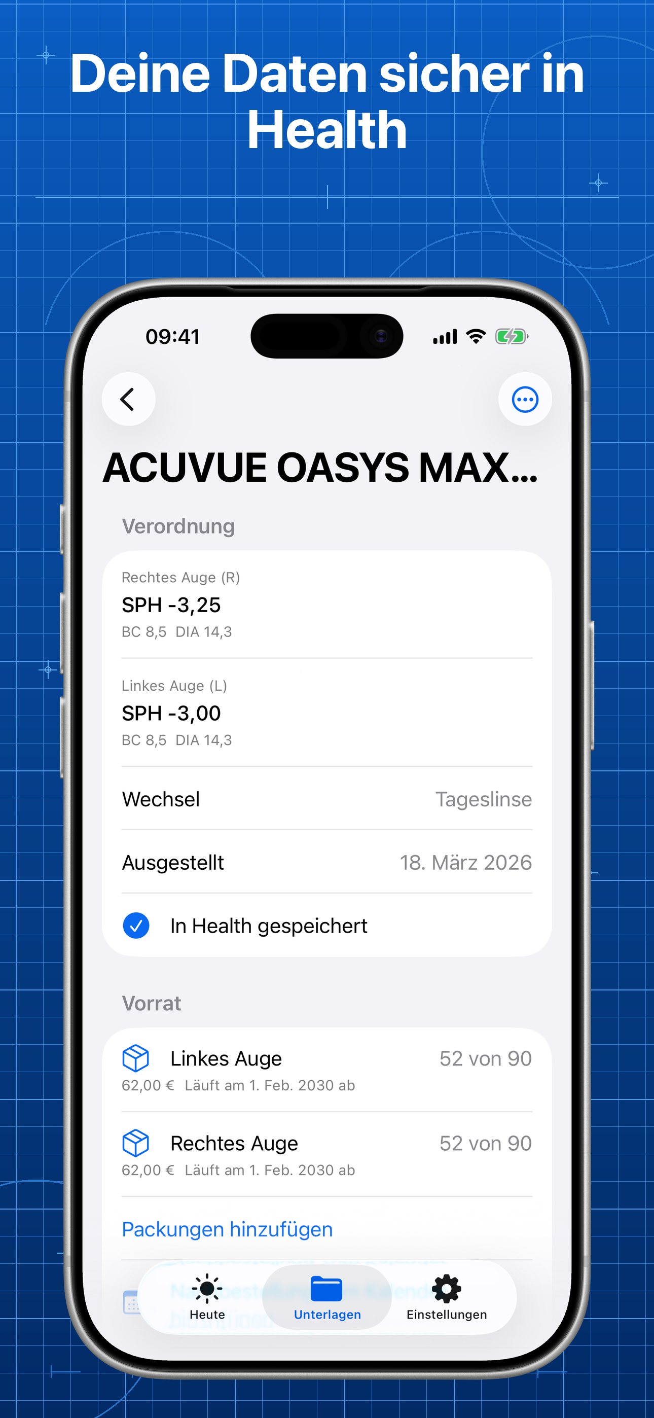 Lentes zeigt eine kompatible Verordnung zum Speichern in der Health-App