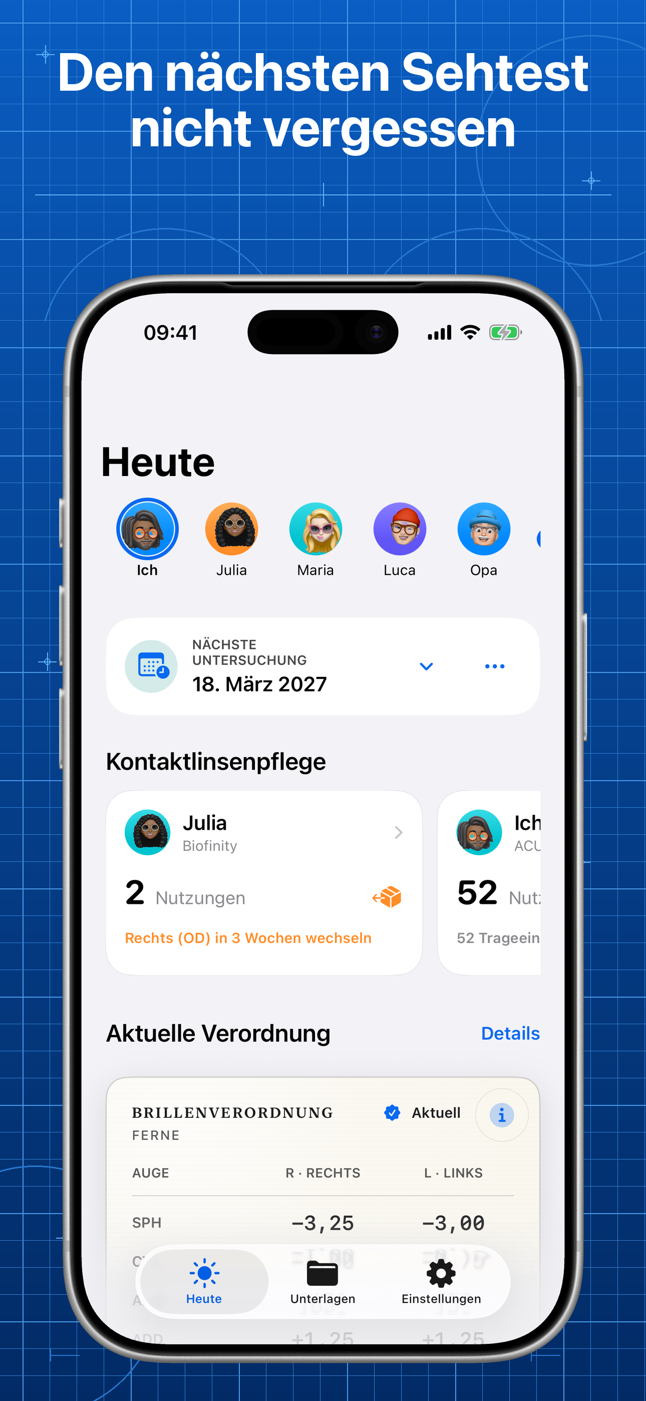 Lentes zeigt einen bevorstehenden Augentermin, eine Karte und Erinnerungen