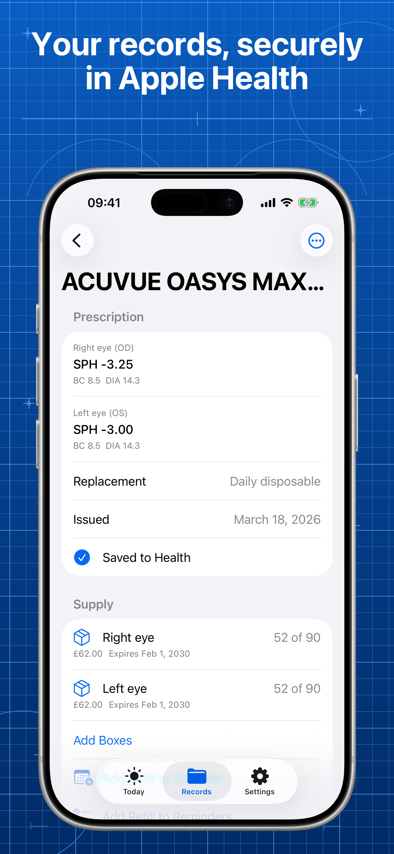 Lentes showing a compatible prescription ready to save to Apple Health