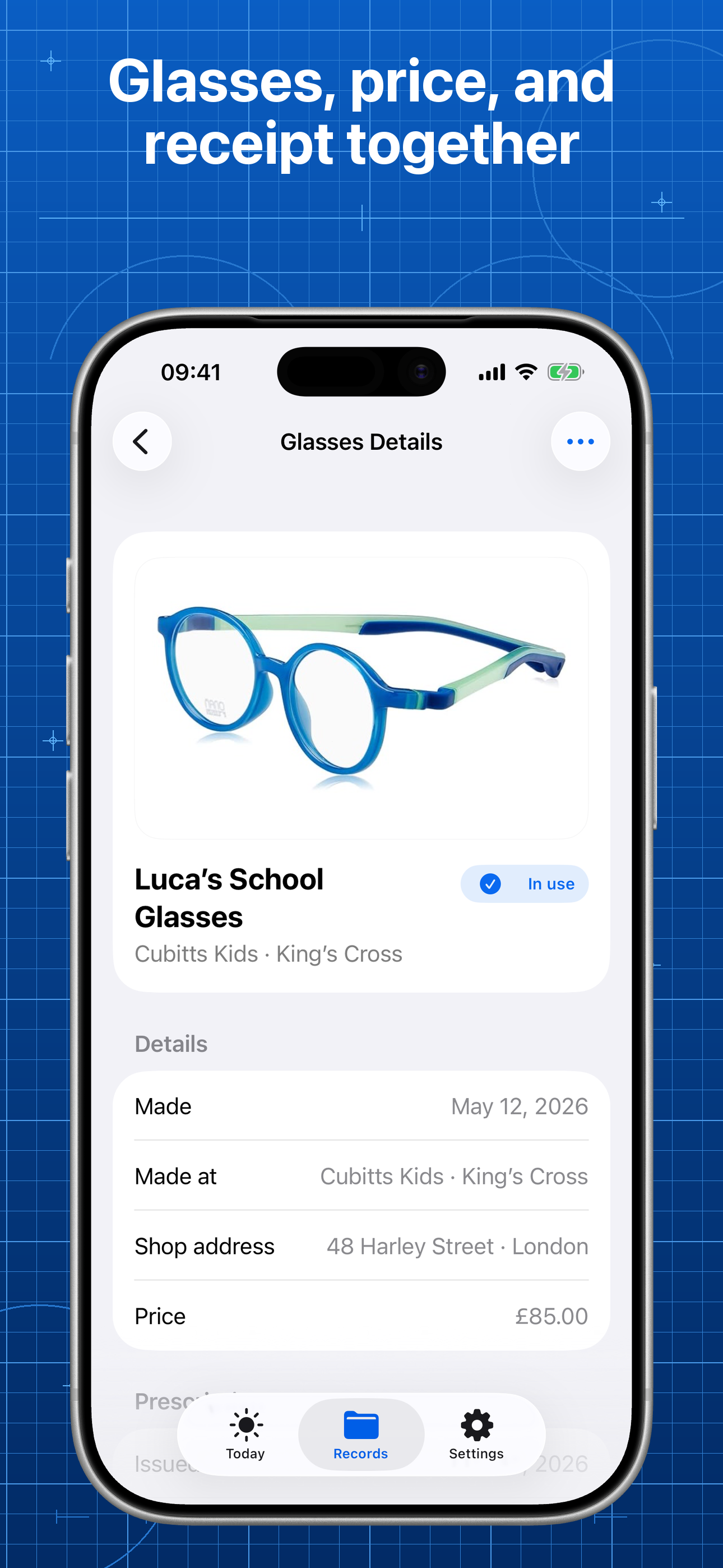 Lentes showing glasses details, purchase information, and receipts