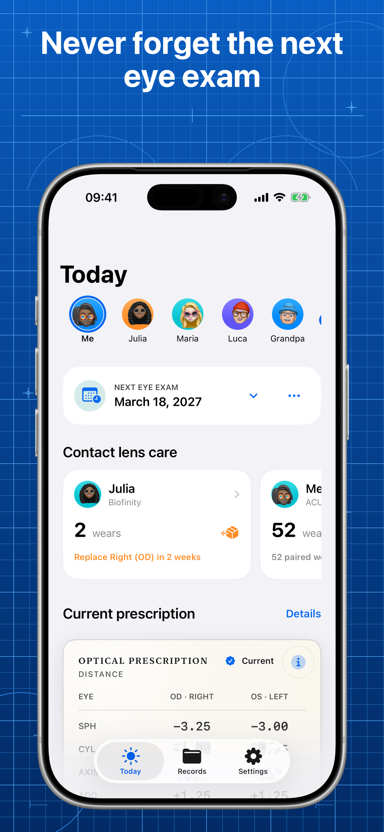 Lentes showing an upcoming eye appointment, map, and reminders