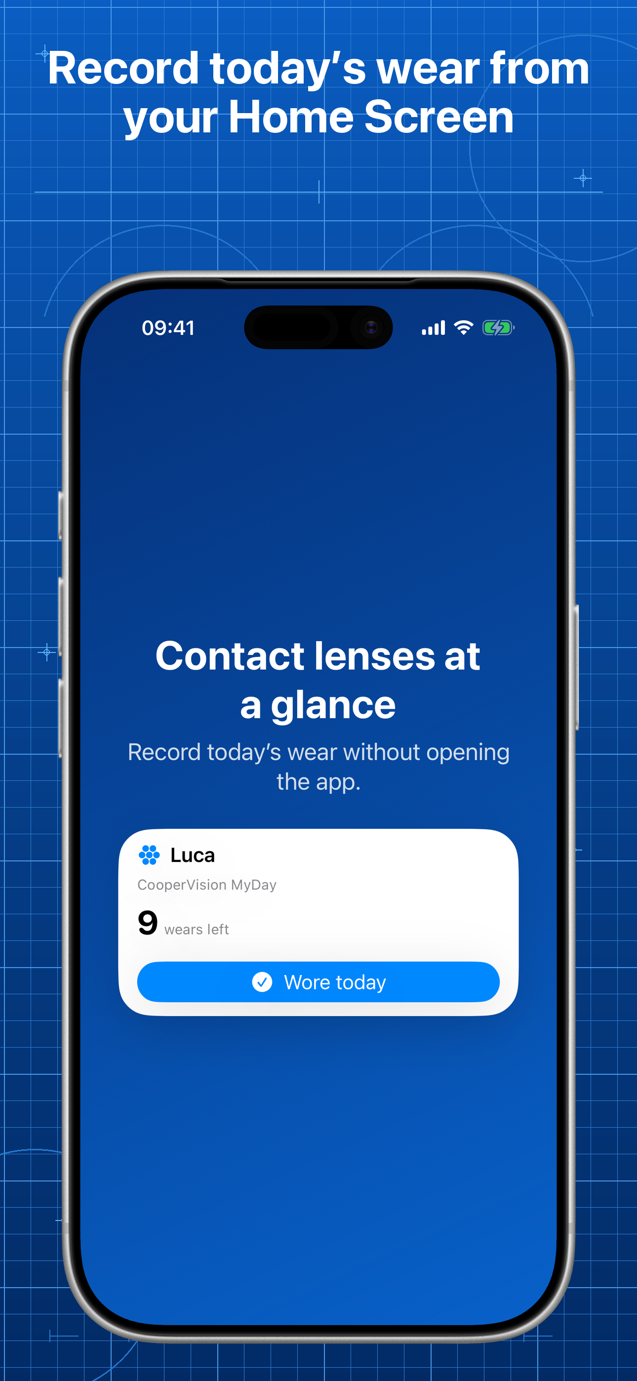 Lentes contact lens widget showing Luca’s supply and a one-tap action to record today’s wear