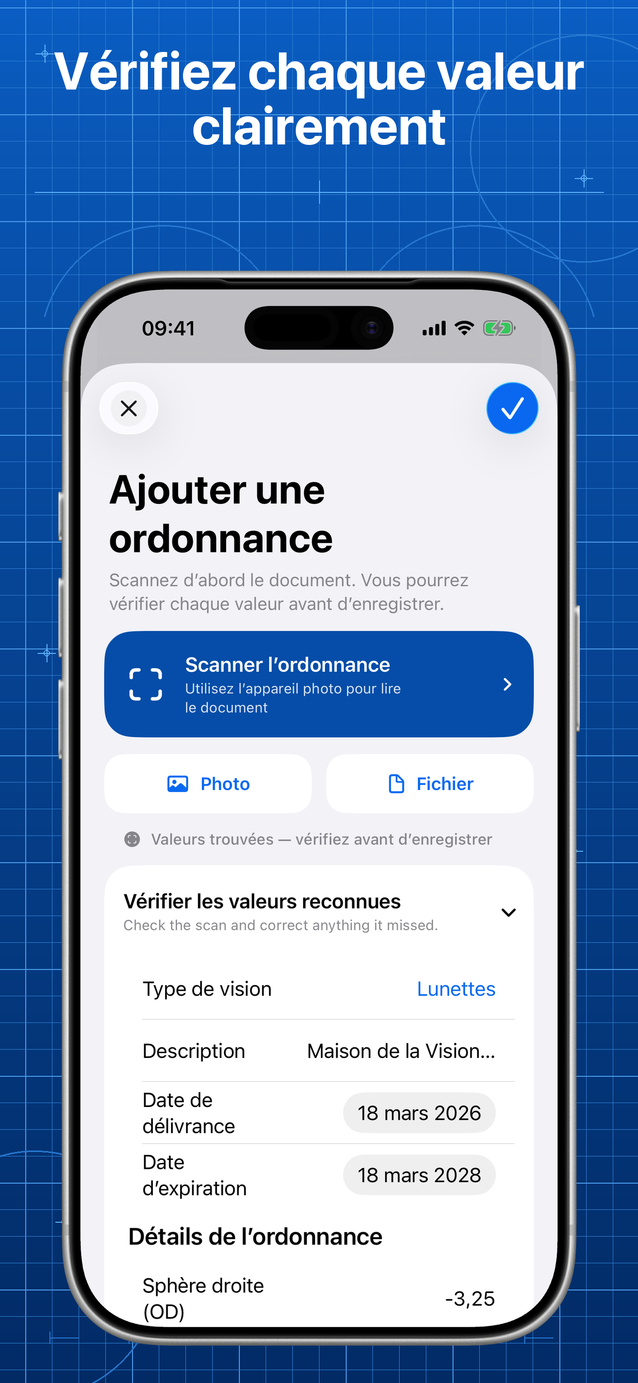 Lentes affichant les valeurs reconnues de l’ordonnance à vérifier