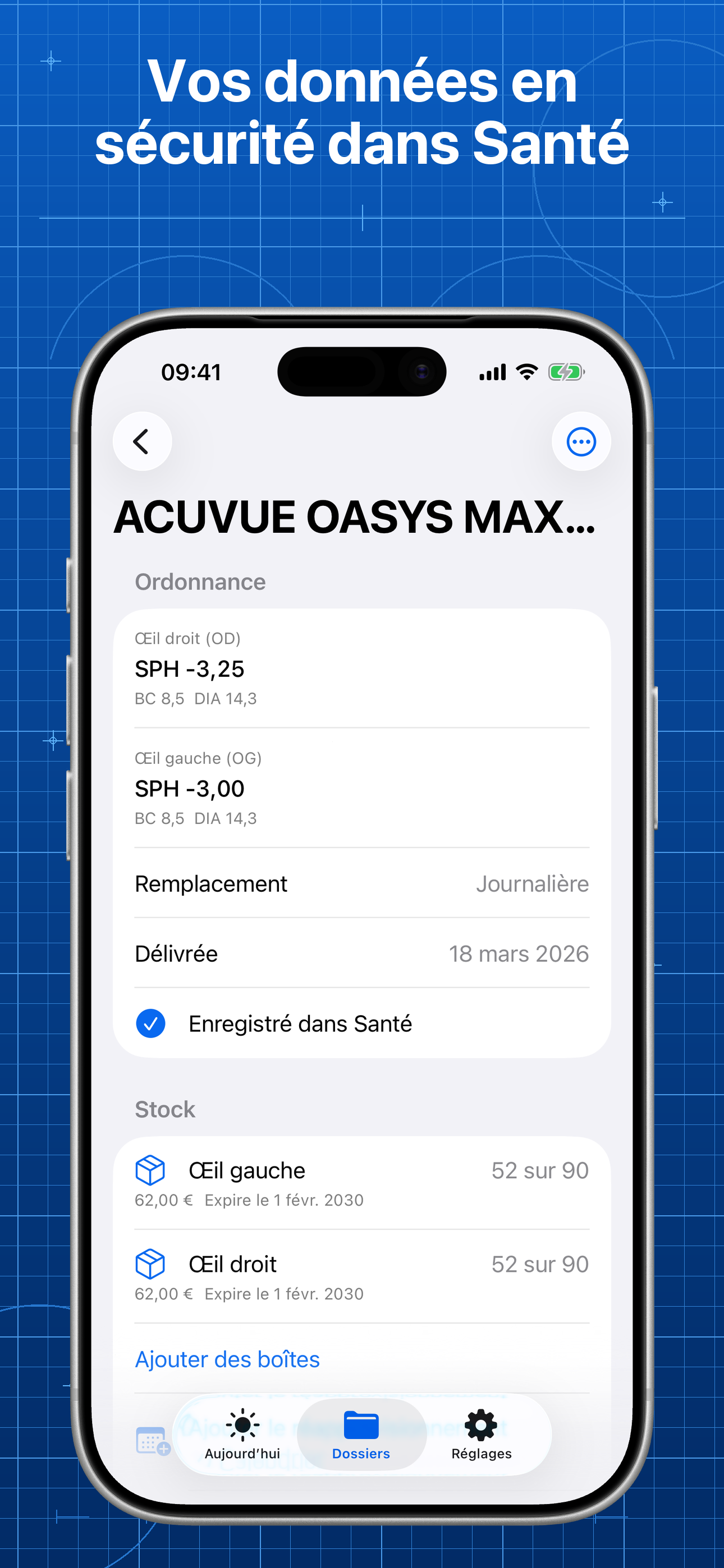 Lentes affichant une ordonnance compatible prête à enregistrer dans l’app Santé