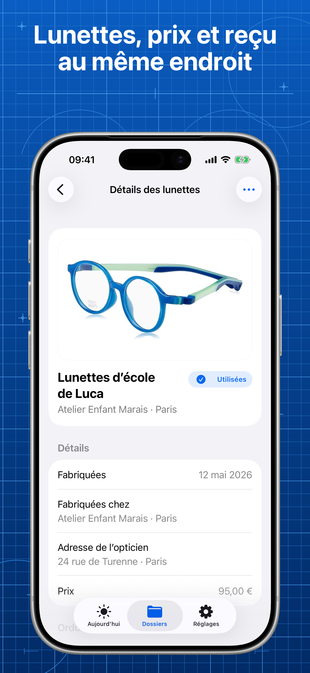 Lentes affichant les détails des lunettes, les informations d’achat et les reçus