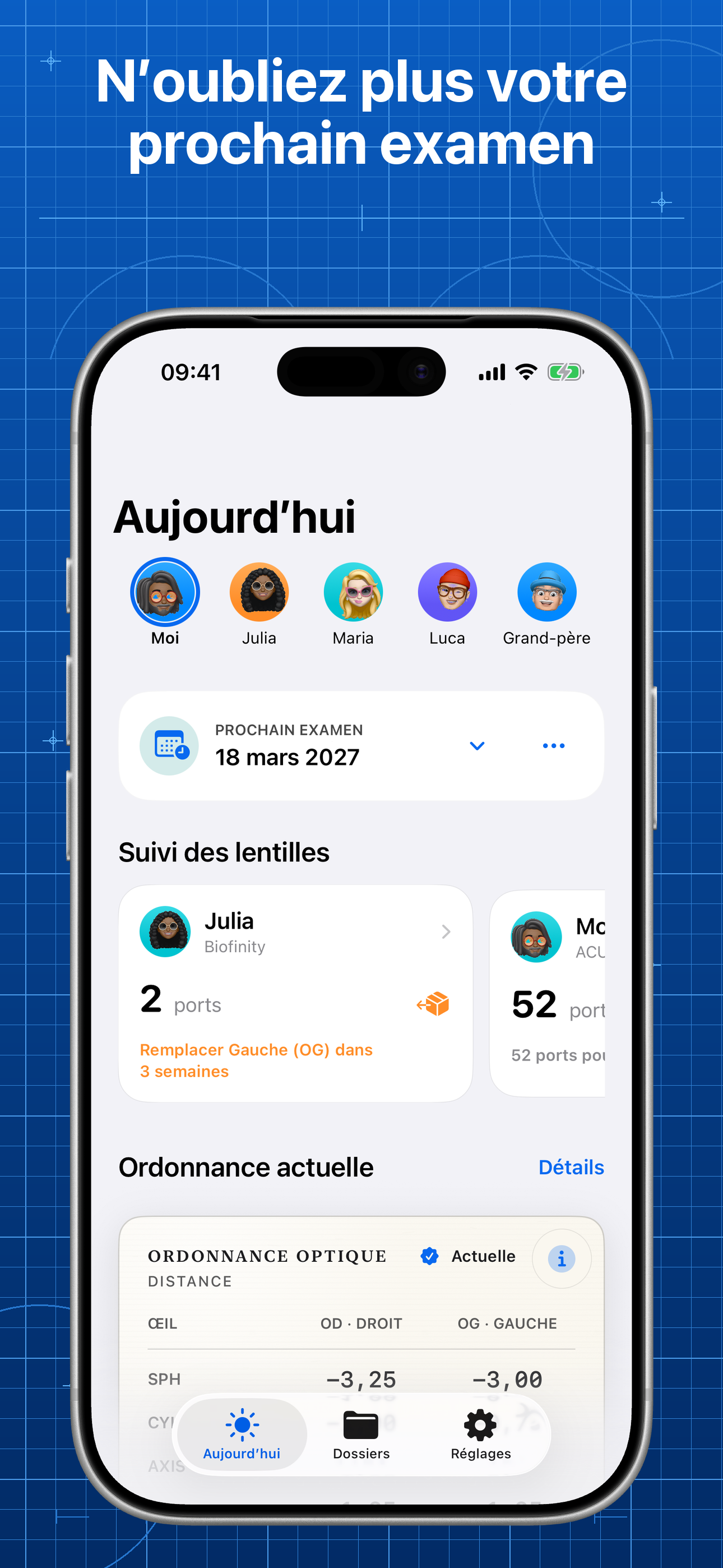 Lentes affichant un prochain rendez-vous, une carte et des rappels