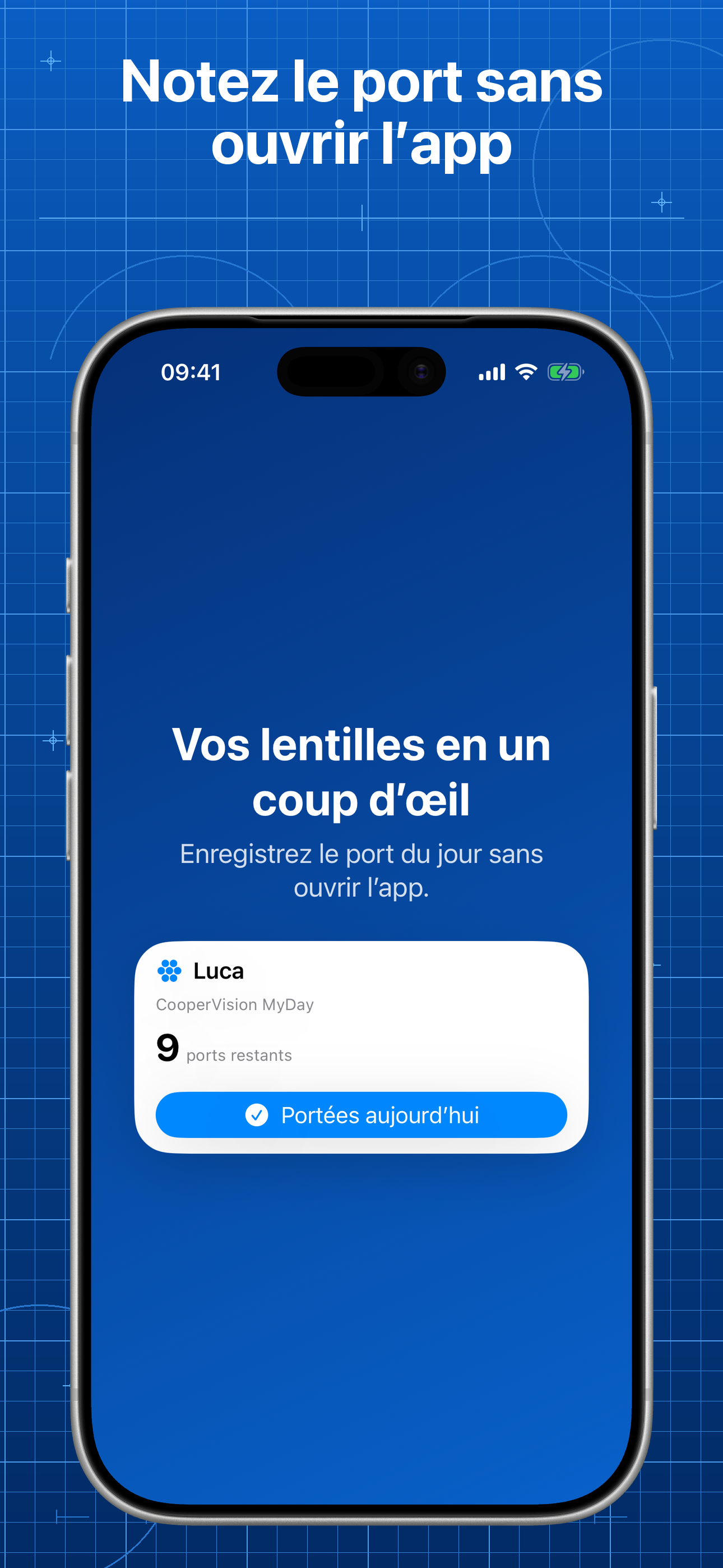 Widget Lentes affichant le stock de Luca et une action pour noter le port du jour