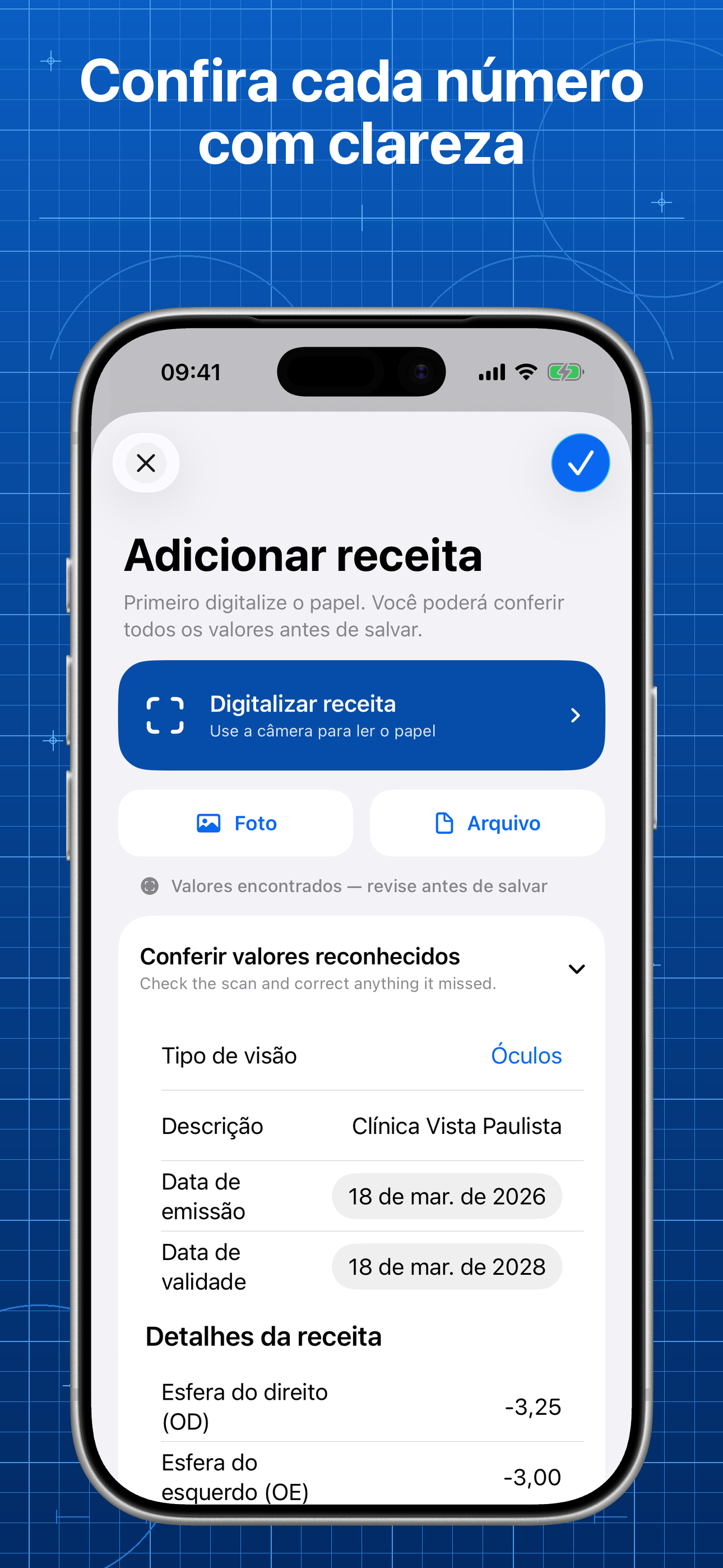 Lentes mostrando os valores reconhecidos da receita para conferência