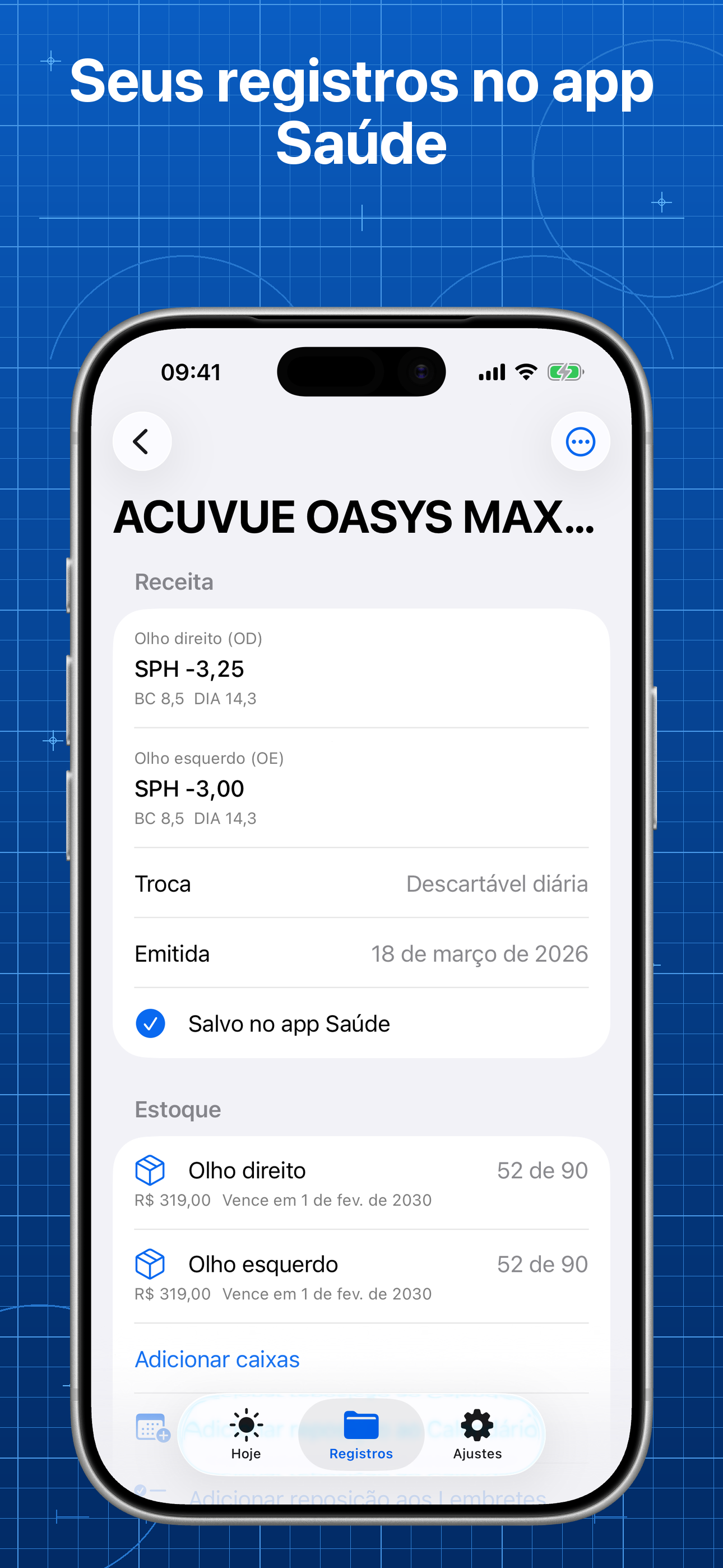 Lentes mostrando uma receita compatível pronta para salvar no app Saúde