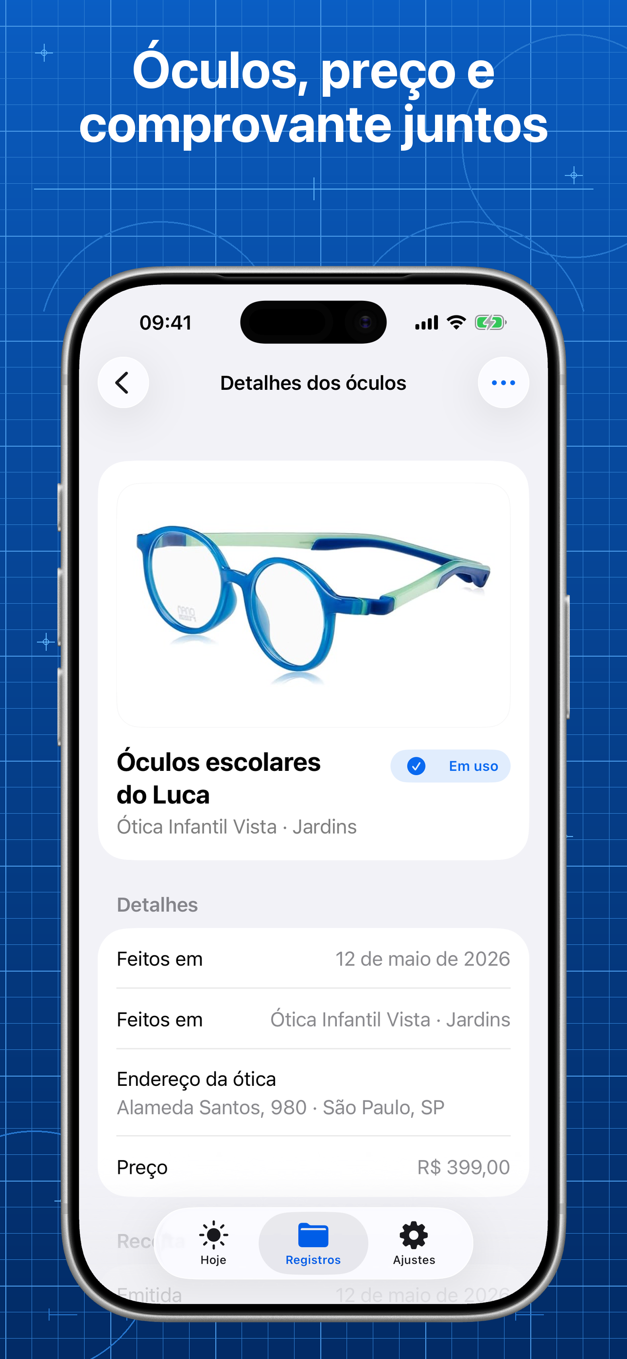 Lentes mostrando detalhes dos óculos, informações da compra e comprovantes