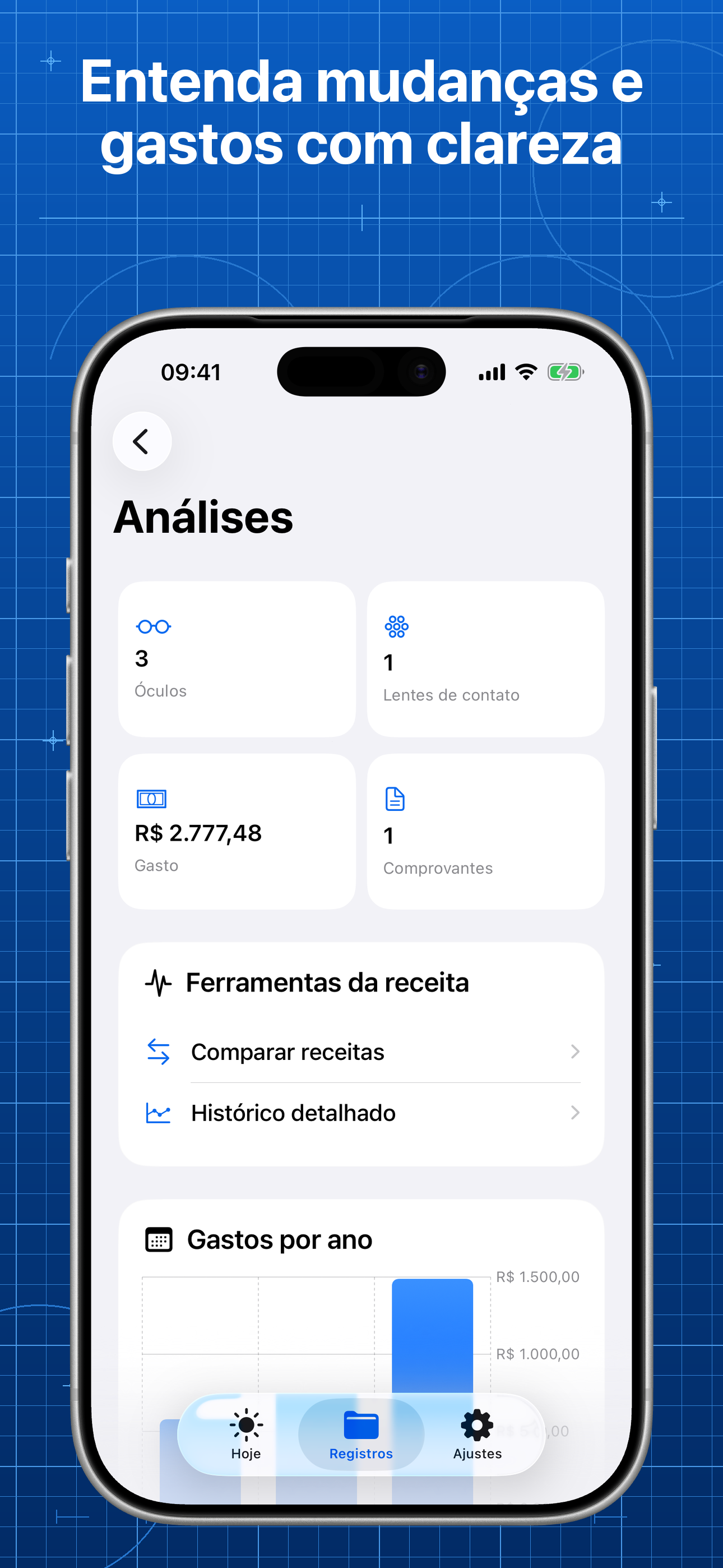 Lentes mostrando análises de mudanças de grau e gastos com óculos
