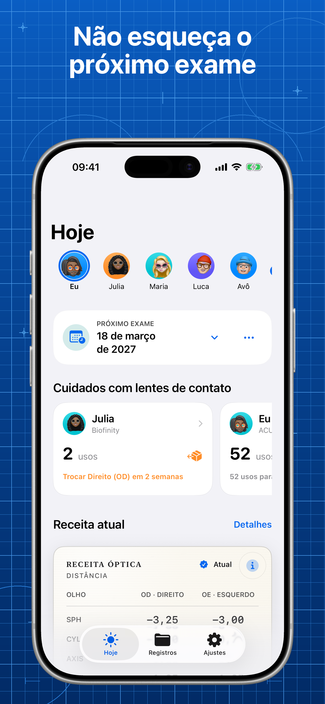 Lentes mostrando uma próxima consulta, mapa e lembretes