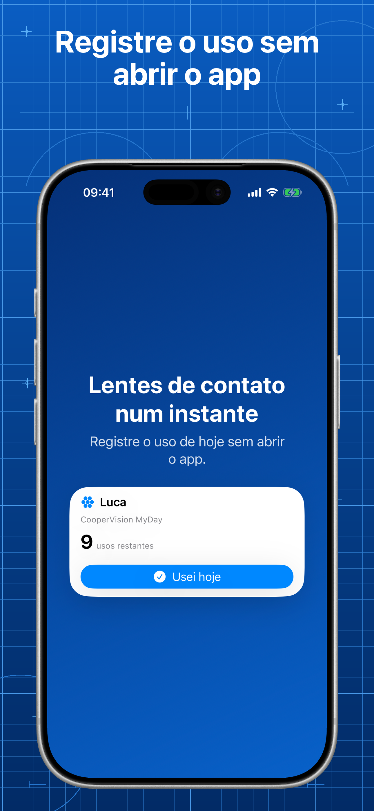 Widget do Lentes mostrando o estoque do Luca e uma ação para registrar o uso do dia