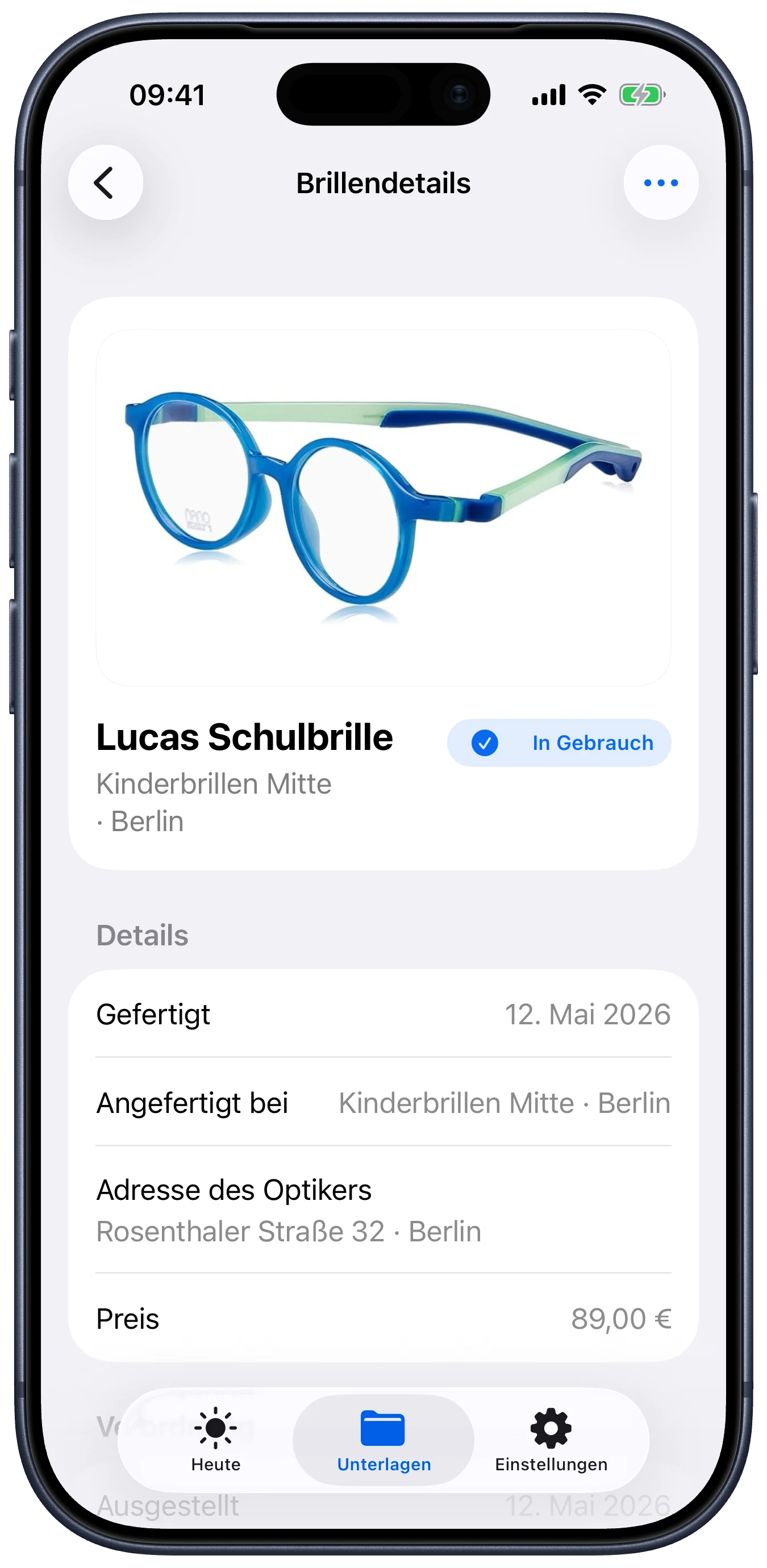 Lentes Ansicht mit Brillendetails, Optiker, Preis und Beleg