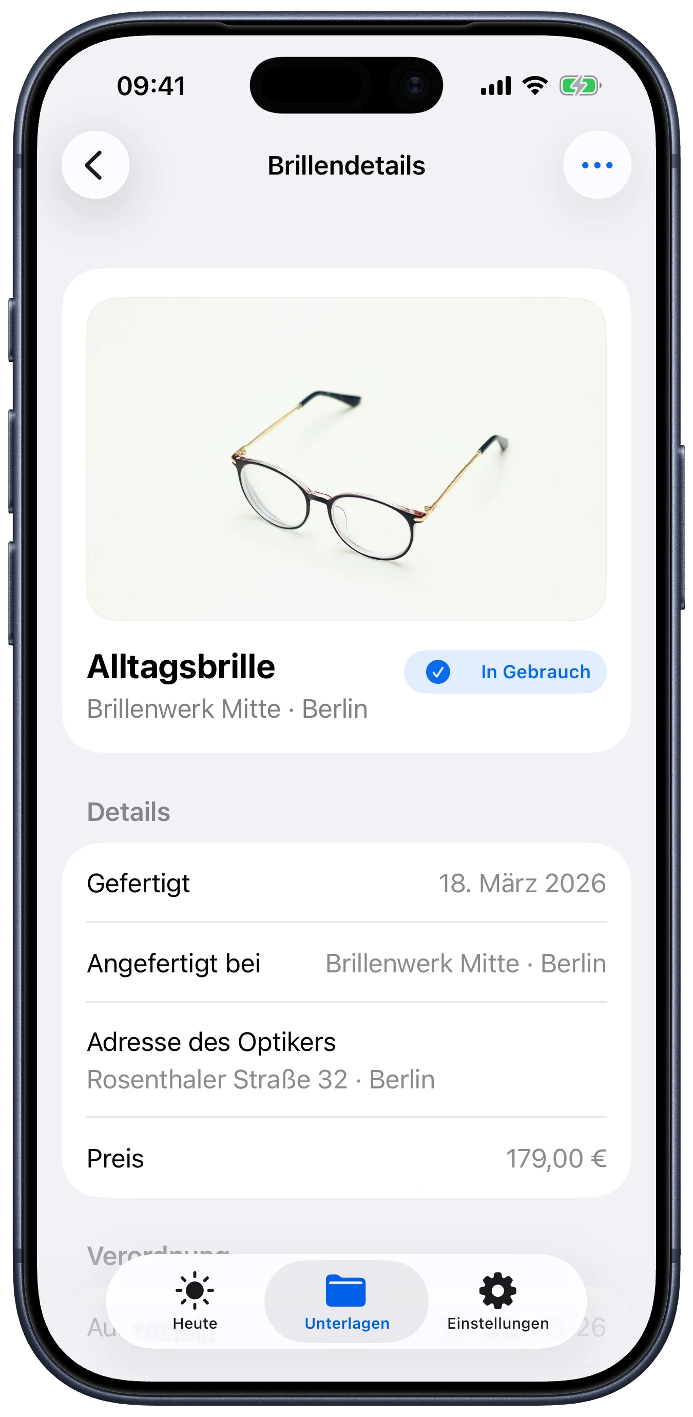 Lentes Ansicht mit Brillendetails, Optiker, Preis und Beleg