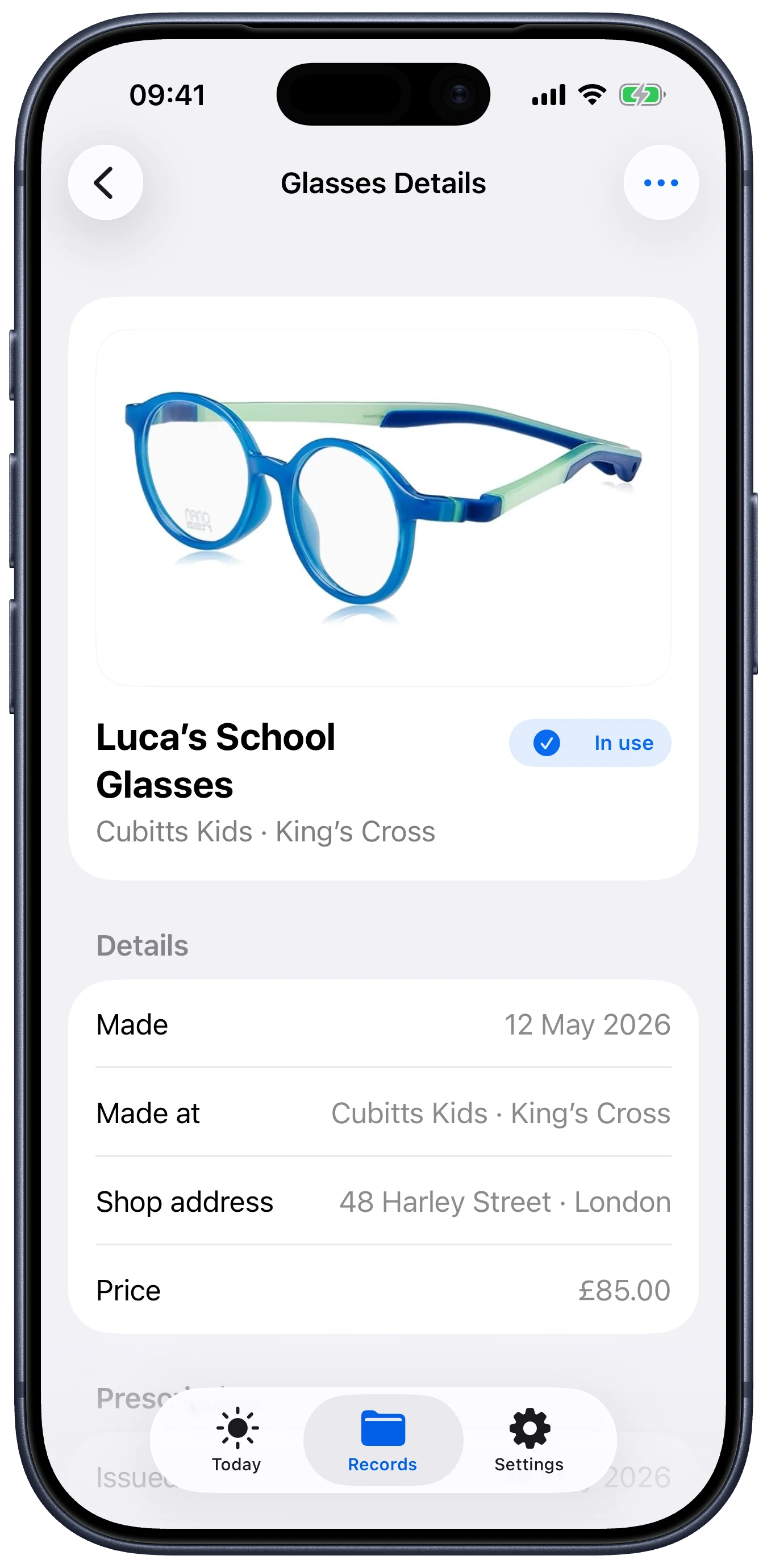 Lentes screen showing glasses details, shop, price, and receipt