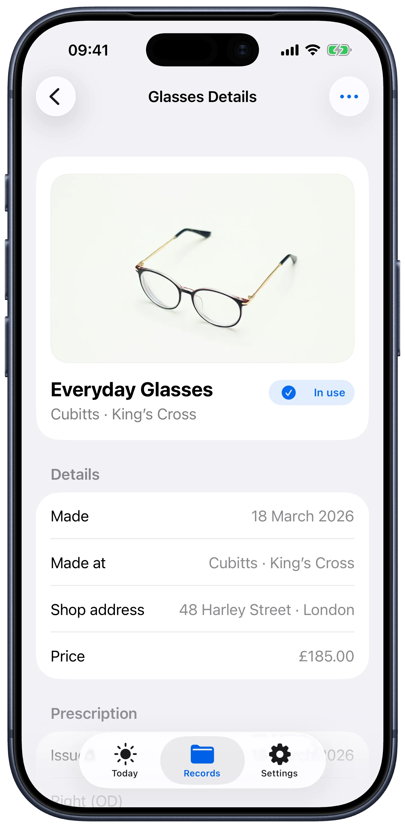 Lentes screen showing glasses details, shop, price, and receipt