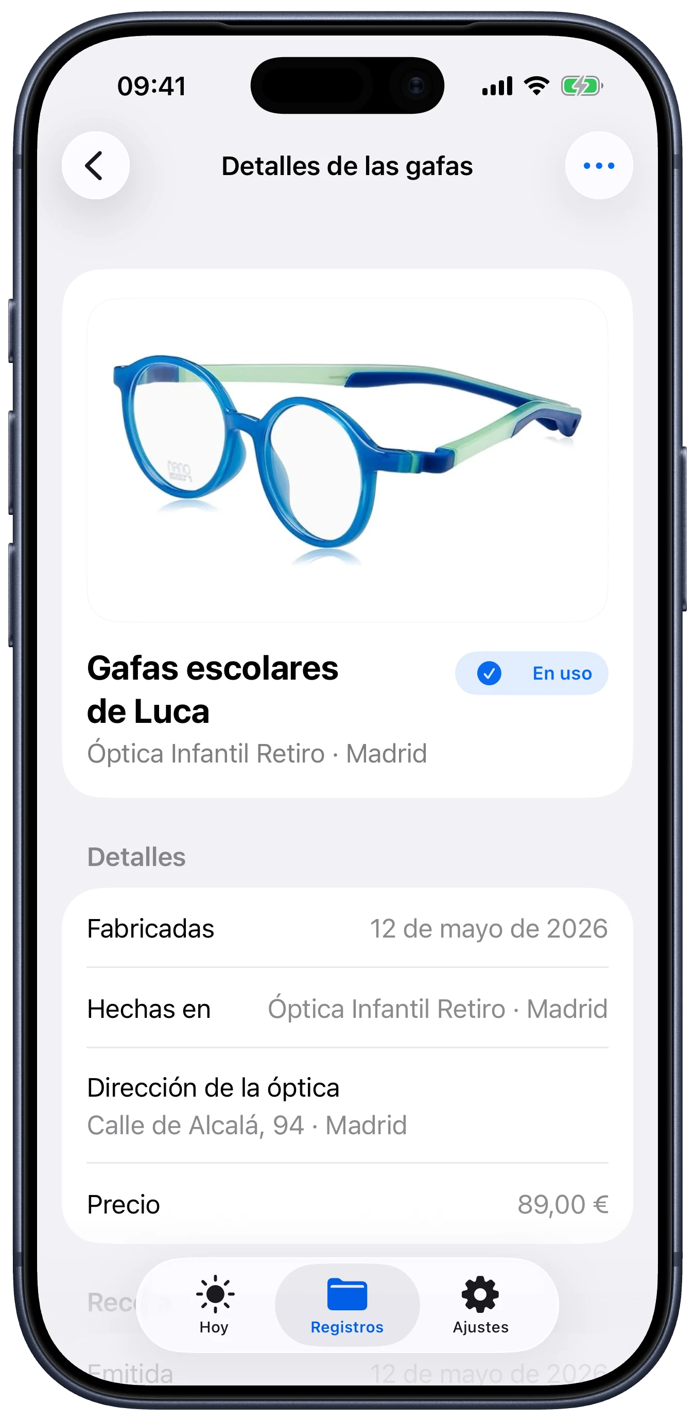 Pantalla de Lentes con detalles de las gafas, óptica, precio y recibo