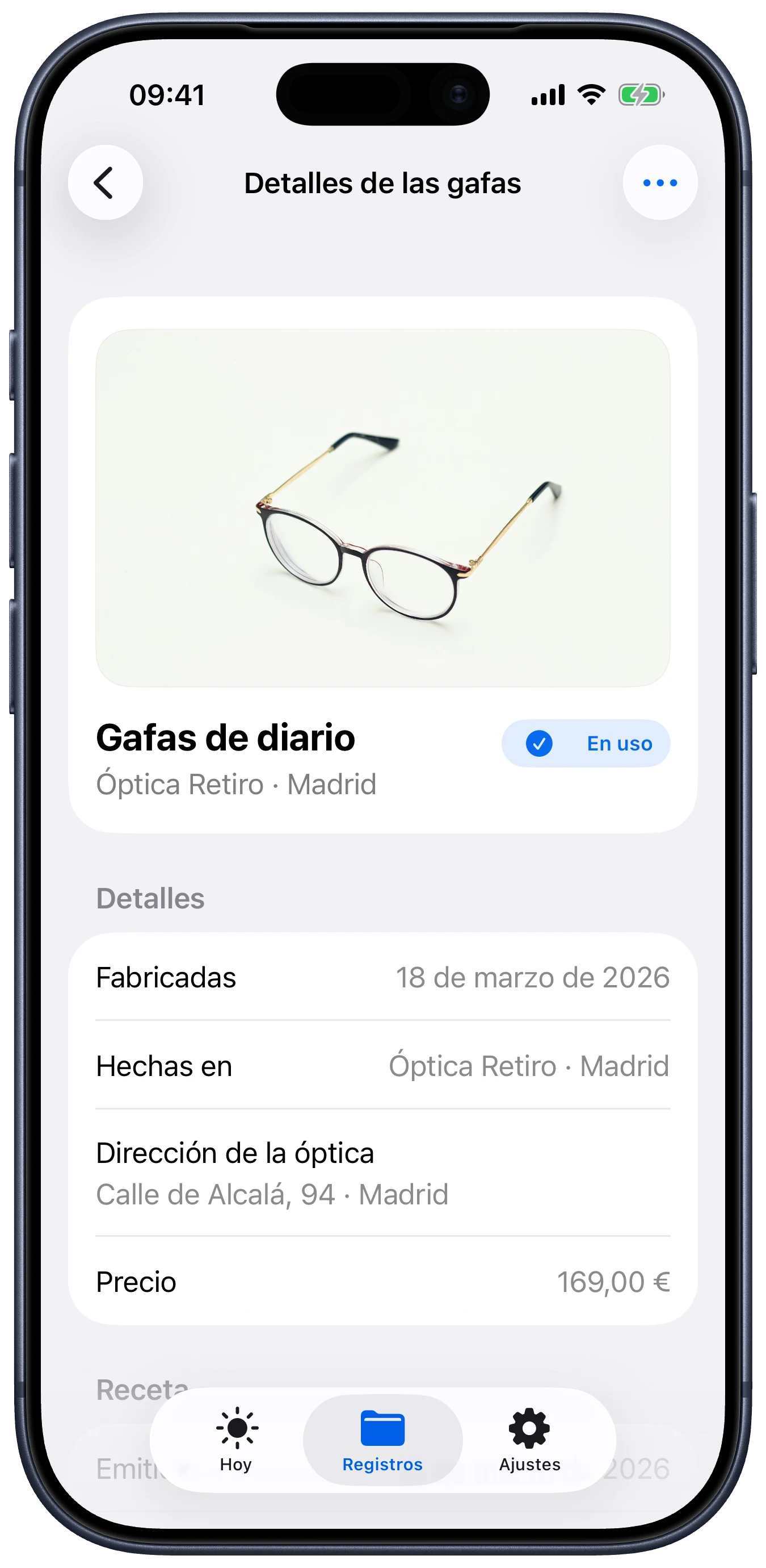 Pantalla de Lentes con detalles de las gafas, óptica, precio y recibo