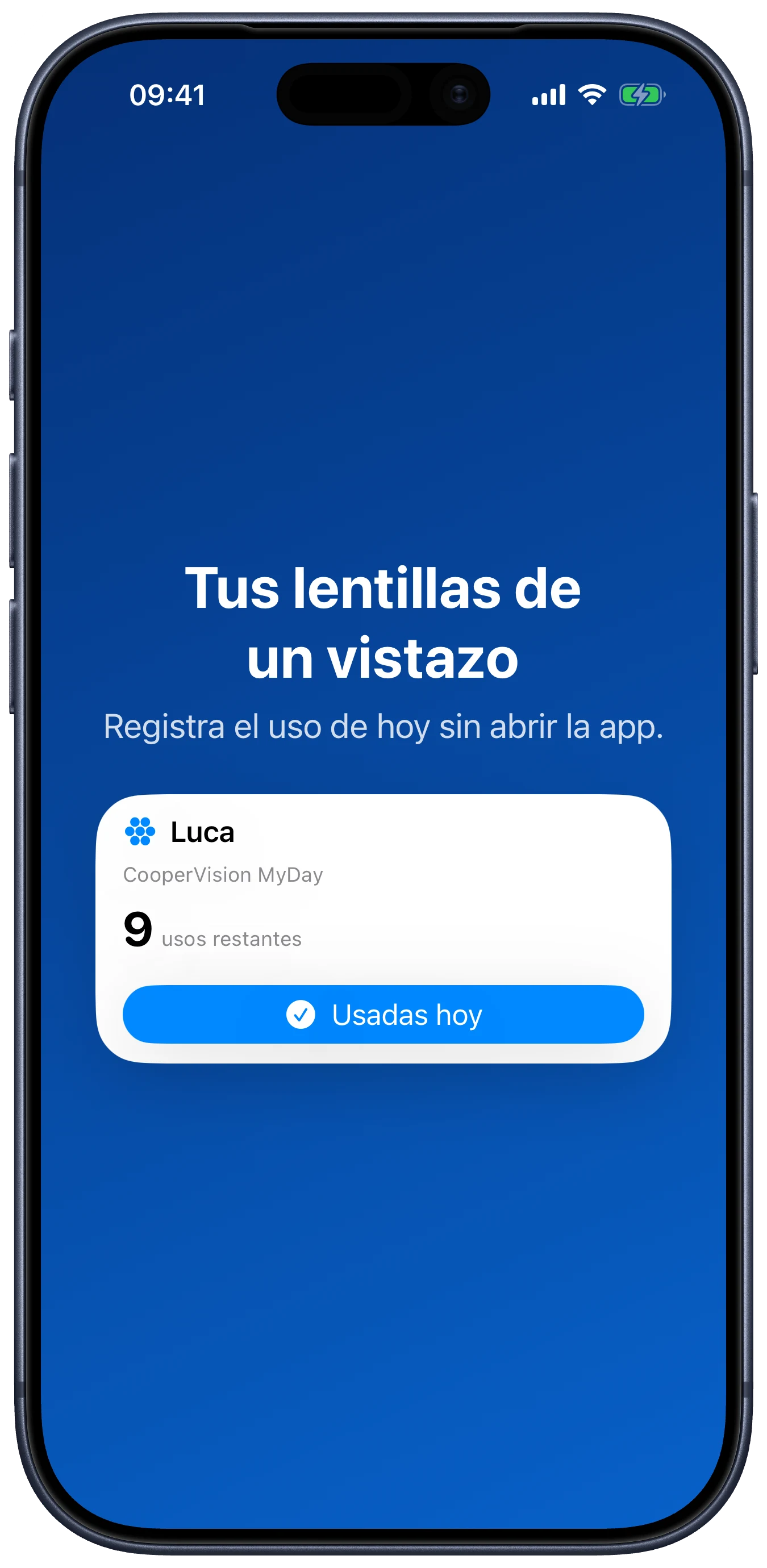 Widget de Lentes con las lentillas disponibles y el botón Usadas hoy