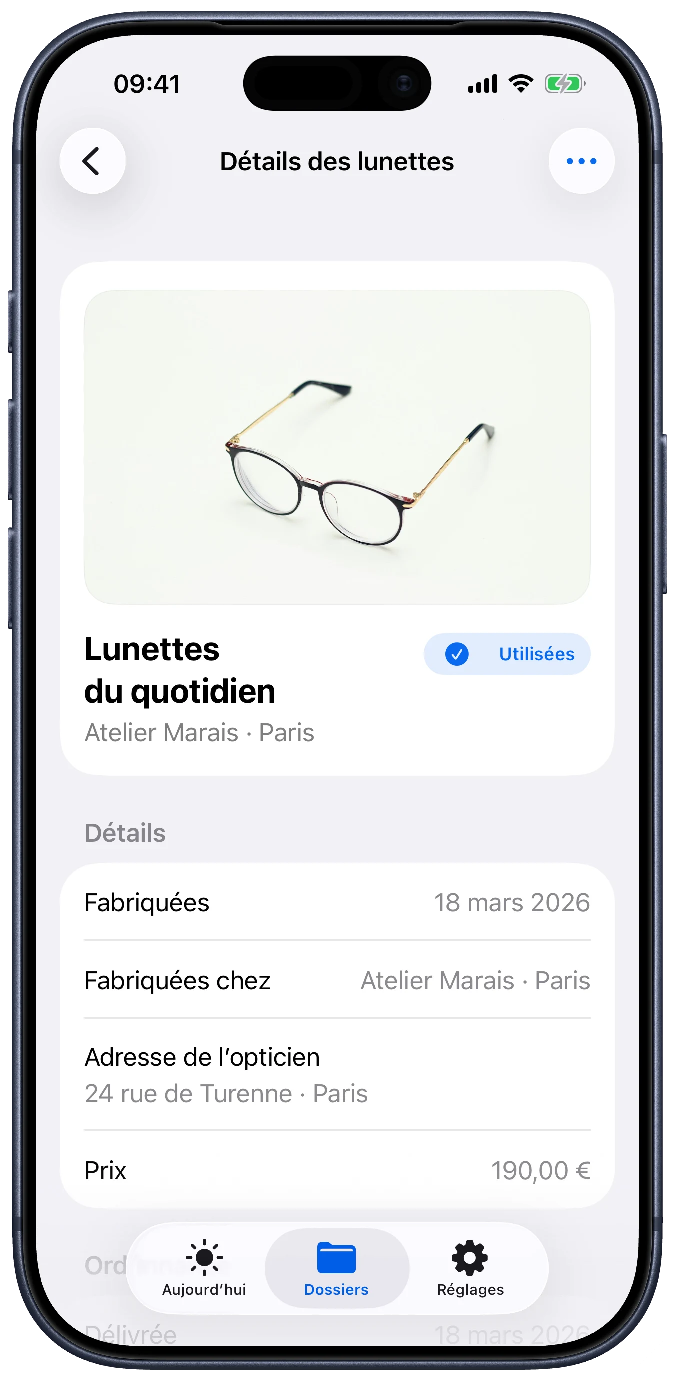 Écran Lentes affichant les détails des lunettes, l’opticien, le prix et le reçu