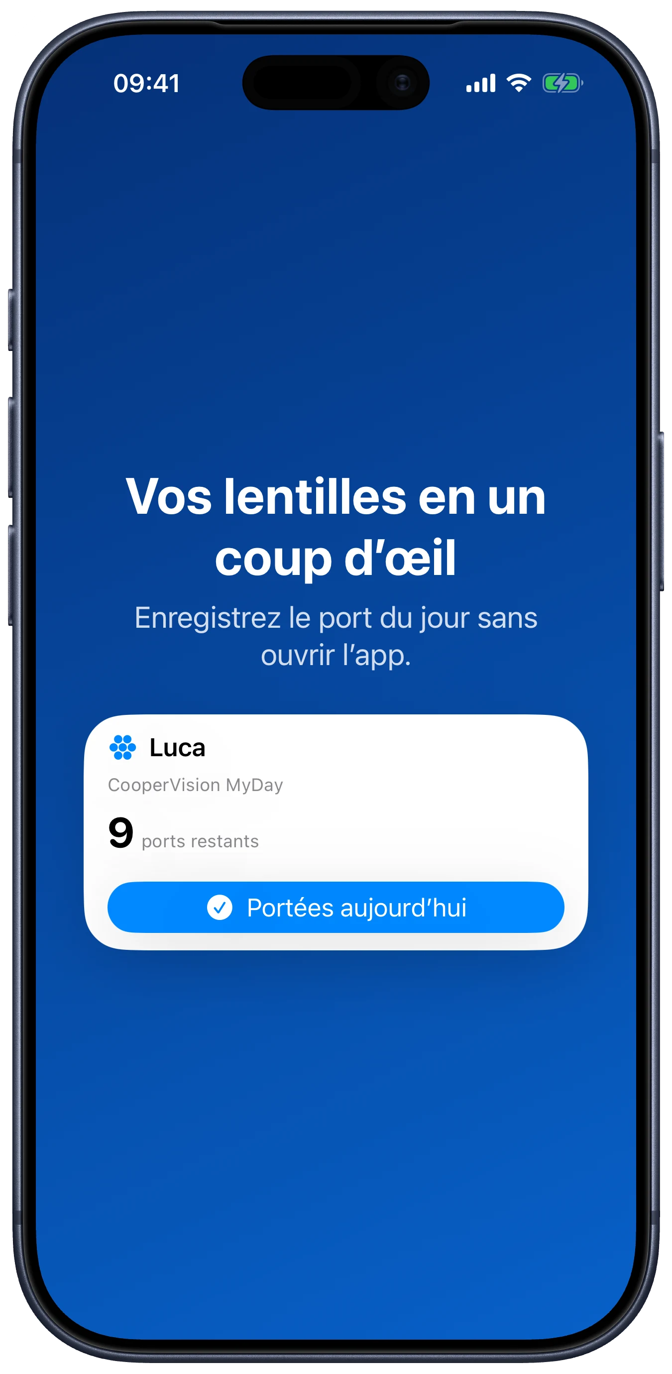 Widget Lentes affichant le stock de lentilles et le bouton Portées aujourd’hui